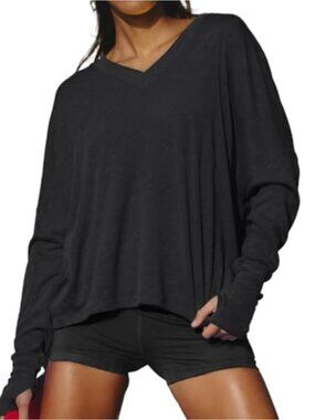 Long Sleeve Workout Shirts for Women with Thumb Holes V-Neck Yoga Athletic Top